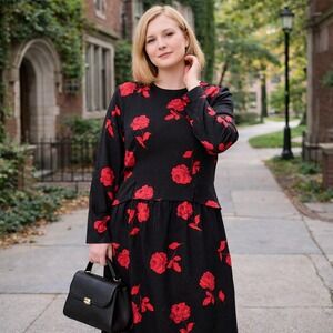 Shomi Silk Midi Dress Long Sleeve Textured Black Floral Red Rose Women's Size 12